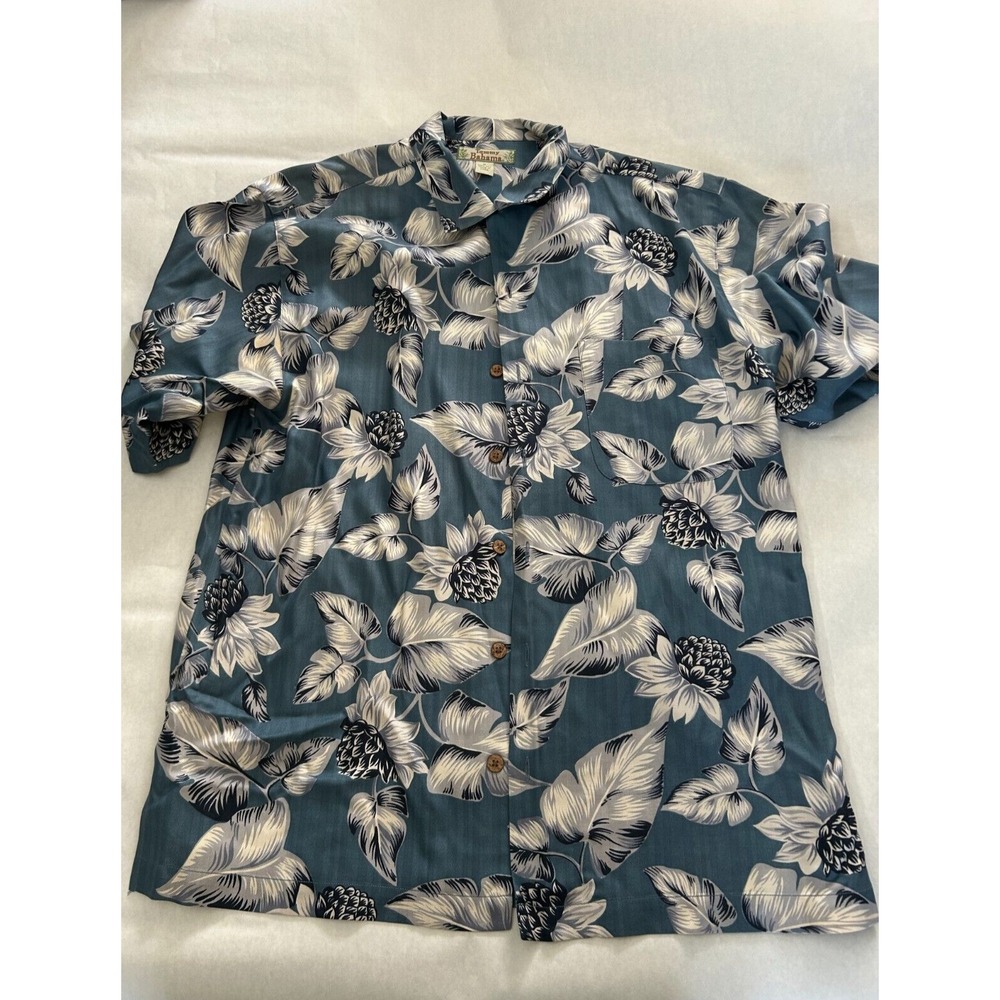 Tommy Bahama Button Shirt Mens Medium Blue Floral Silk Short‎ Sleeve Beach Boho